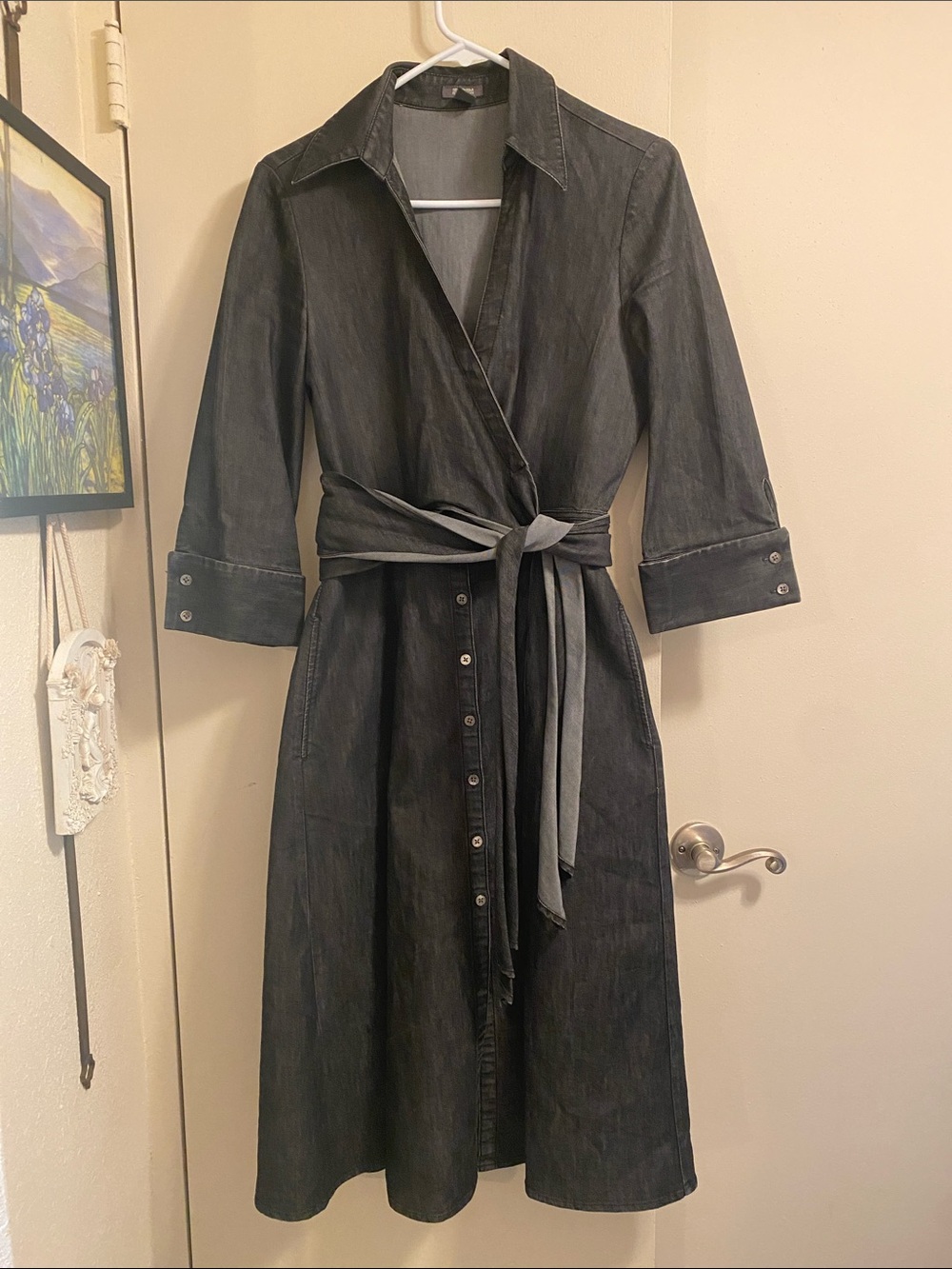 Kenneth Cole Reaction Dark Denim Wrap Midi Shirt Dress Heavy Denim Size 10 - Picture 2 of 15